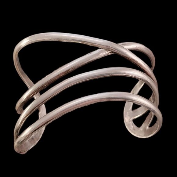 Open Sterling Assymetrical Modernist Artisan Open Loop Bracelet Cuff - Picture 1 of 12